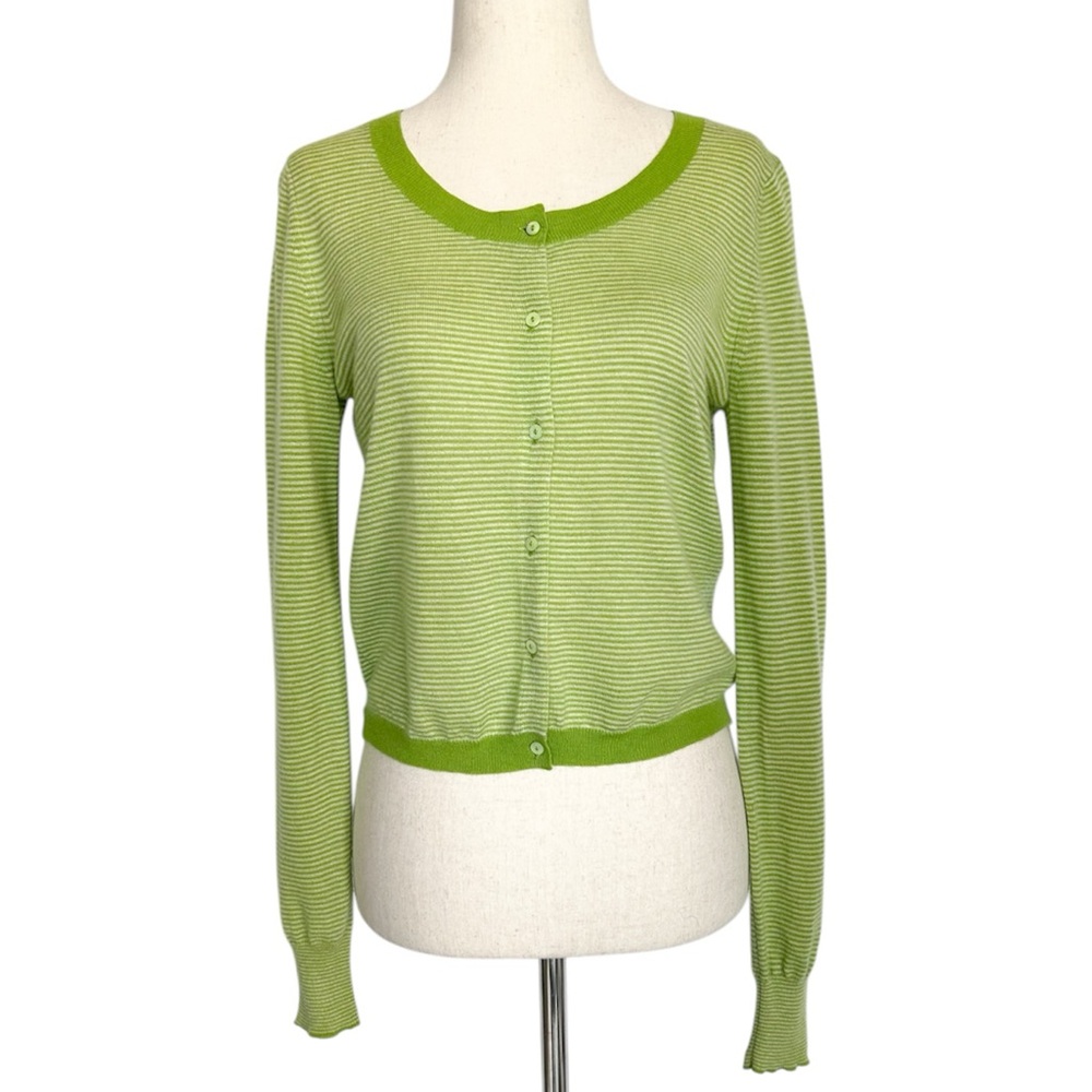 Gap 100% Cashmere Lightweight Cardigan Sweater Apple Green and White Stripes EUC